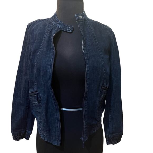 Ann Taylor Dark Denim Moto Boho Zip Up Jean Jacket Womens 0 Petite Capsule - Picture 1 of 5